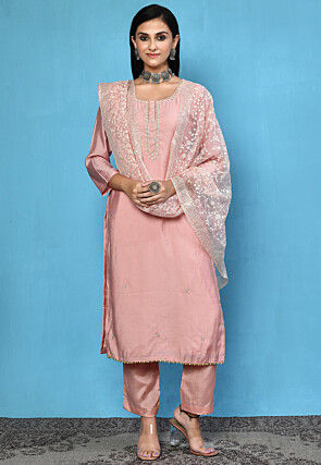 Hand Embroidered Cotton Silk Pakistani Suit in Peach