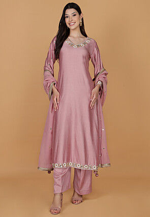 Hand Embroidered Cotton Silk Pakistani Suit in Pink