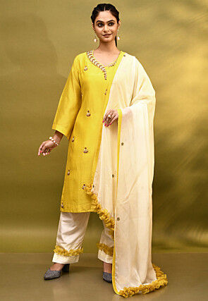 Hand Embroidered Cotton Silk Pakistani Suit in Yellow
