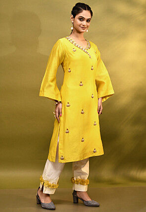 Hand Embroidered Cotton Silk Pakistani Suit in Yellow