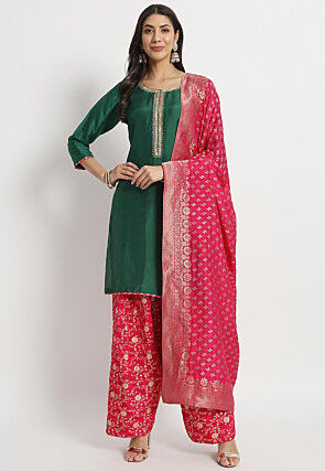 Hand Embroidered Cotton Silk Punjabi Suit in Dark Green