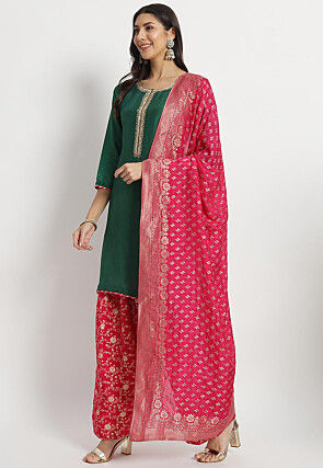 Hand Embroidered Cotton Silk Punjabi Suit in Dark Green