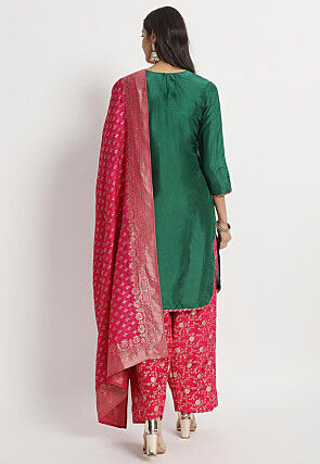Hand Embroidered Cotton Silk Punjabi Suit in Dark Green