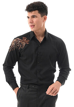 Hand Embroidered Cotton Silk Shirt in Black