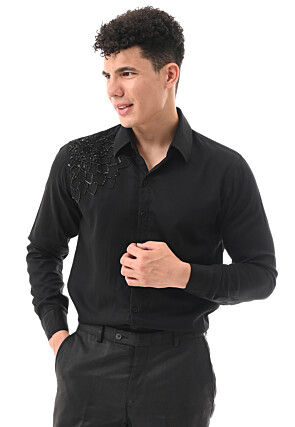 Hand Embroidered Cotton Silk Shirt in Black
