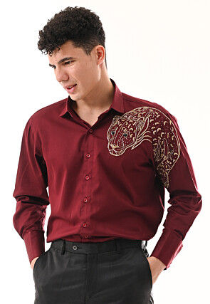 Hand Embroidered Cotton Silk Shirt in Maroon