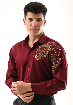 Hand Embroidered Cotton Silk Shirt in Maroon