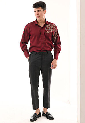 Hand Embroidered Cotton Silk Shirt in Maroon
