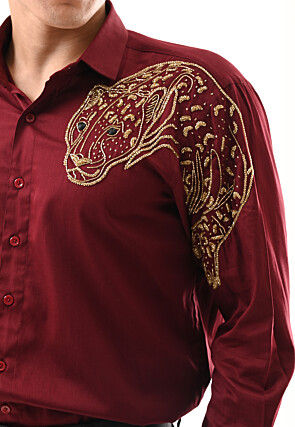 Hand Embroidered Cotton Silk Shirt in Maroon