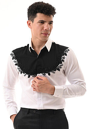 Hand Embroidered Cotton Silk Shirt in White and Black