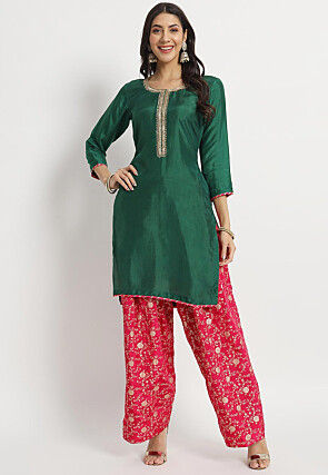 Hand Embroidered Cotton Silk Staight Kurta Set in Dark Green