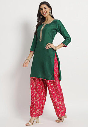 Hand Embroidered Cotton Silk Staight Kurta Set in Dark Green