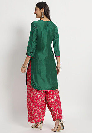 Hand Embroidered Cotton Silk Staight Kurta Set in Dark Green