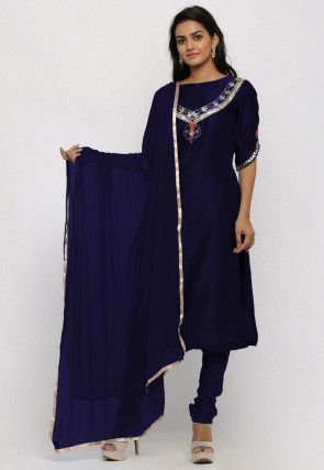 Hand Embroidered Cotton Silk Straight Suit in Navy Blue