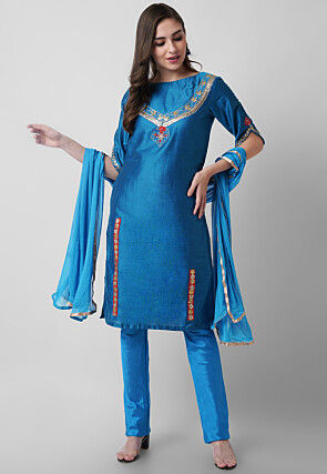 Hand Embroidered Cotton Silk Straight Suit in Teal Blue