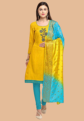 Hand Embroidered Cotton Slub Pakistani Suit in Yellow