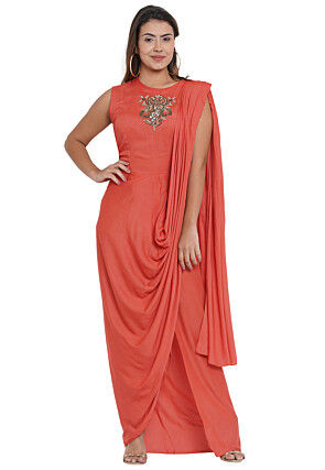 Hand Embroidered Cowl Style Modal Satin Gown in Coral Pink