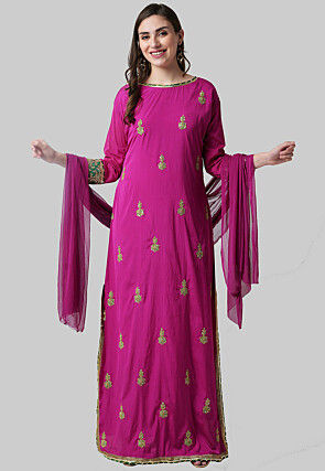 Hand Embroidered Crepe Abaya Style Suit in Magenta