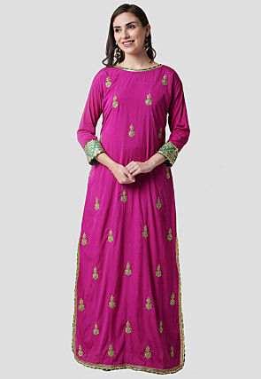 Hand Embroidered Crepe Abaya Style Suit in Magenta
