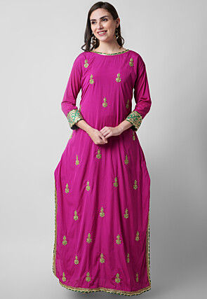 Hand Embroidered Crepe Abaya Style Suit in Magenta