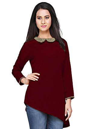 Hand Embroidered Crepe Asymmetric Top in Maroon