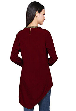 Hand Embroidered Crepe Asymmetric Top in Maroon