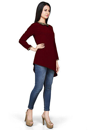 Hand Embroidered Crepe Asymmetric Top in Maroon