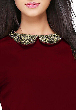 Hand Embroidered Crepe Asymmetric Top in Maroon