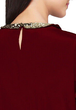 Hand Embroidered Crepe Asymmetric Top in Maroon