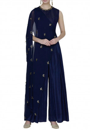 Hand Embroidered Crepe Cape Style Jumpsuit in Navy Blue
