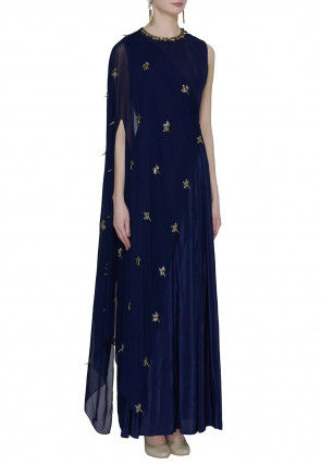 Hand Embroidered Crepe Cape Style Jumpsuit in Navy Blue