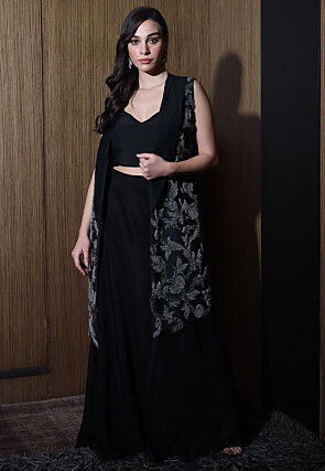Hand Embroidered Crepe Crop Top Set in Black