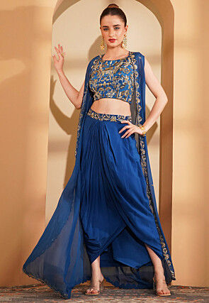 Hand Embroidered Crepe Crop Top Set in Blue