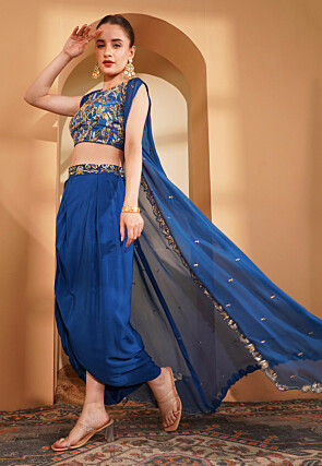 Hand Embroidered Crepe Crop Top Set in Blue