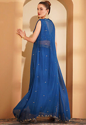 Hand Embroidered Crepe Crop Top Set in Blue