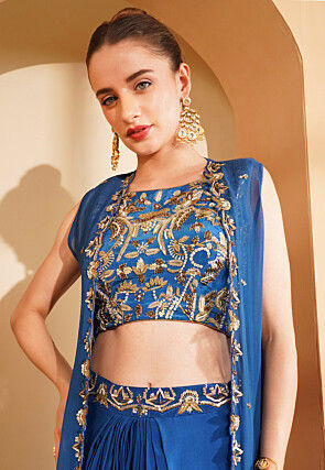 Hand Embroidered Crepe Crop Top Set in Blue