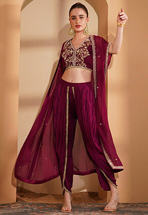 Hand Embroidered Crepe Crop Top Set in Magenta