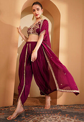 Hand Embroidered Crepe Crop Top Set in Magenta