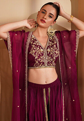 Hand Embroidered Crepe Crop Top Set in Magenta