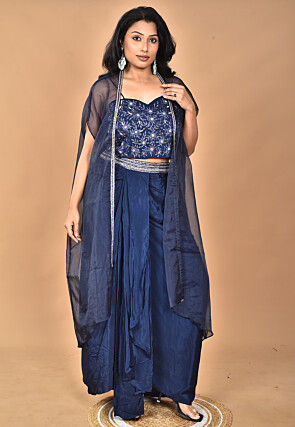 Hand Embroidered Crepe Crop Top Set in Navy Blue