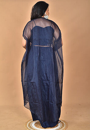 Hand Embroidered Crepe Crop Top Set in Navy Blue