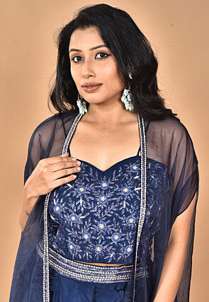 Hand Embroidered Crepe Crop Top Set in Navy Blue