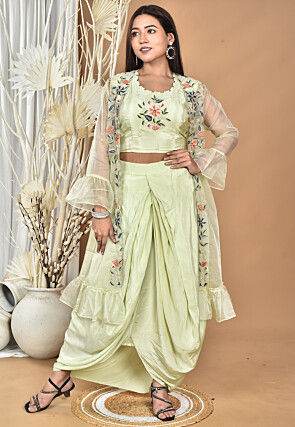 Hand Embroidered Crepe Crop Top Set in Pastel Green