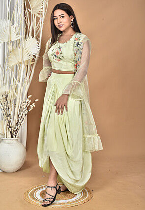 Hand Embroidered Crepe Crop Top Set in Pastel Green