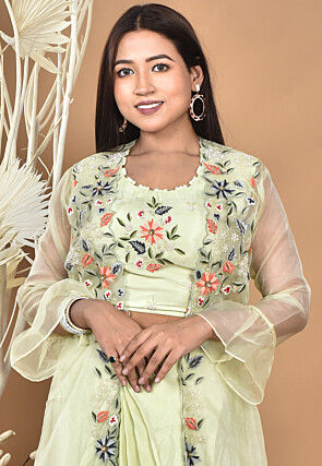 Hand Embroidered Crepe Crop Top Set in Pastel Green