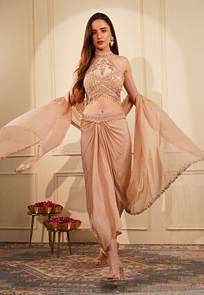 Hand Embroidered Crepe Crop Top Set in Peach