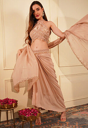 Hand Embroidered Crepe Crop Top Set in Peach