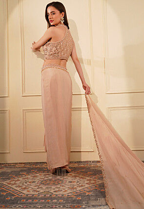 Hand Embroidered Crepe Crop Top Set in Peach