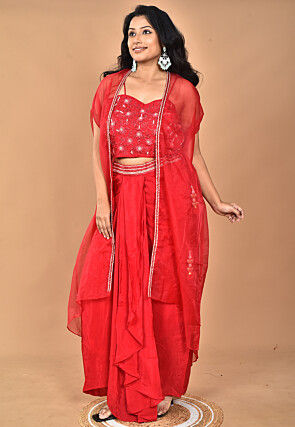 Hand Embroidered Crepe Crop Top Set in Red