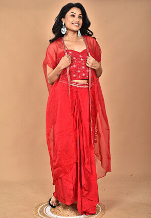 Hand Embroidered Crepe Crop Top Set in Red